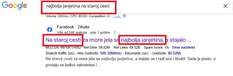 Primjer Facebook objave koja je SEO friendly